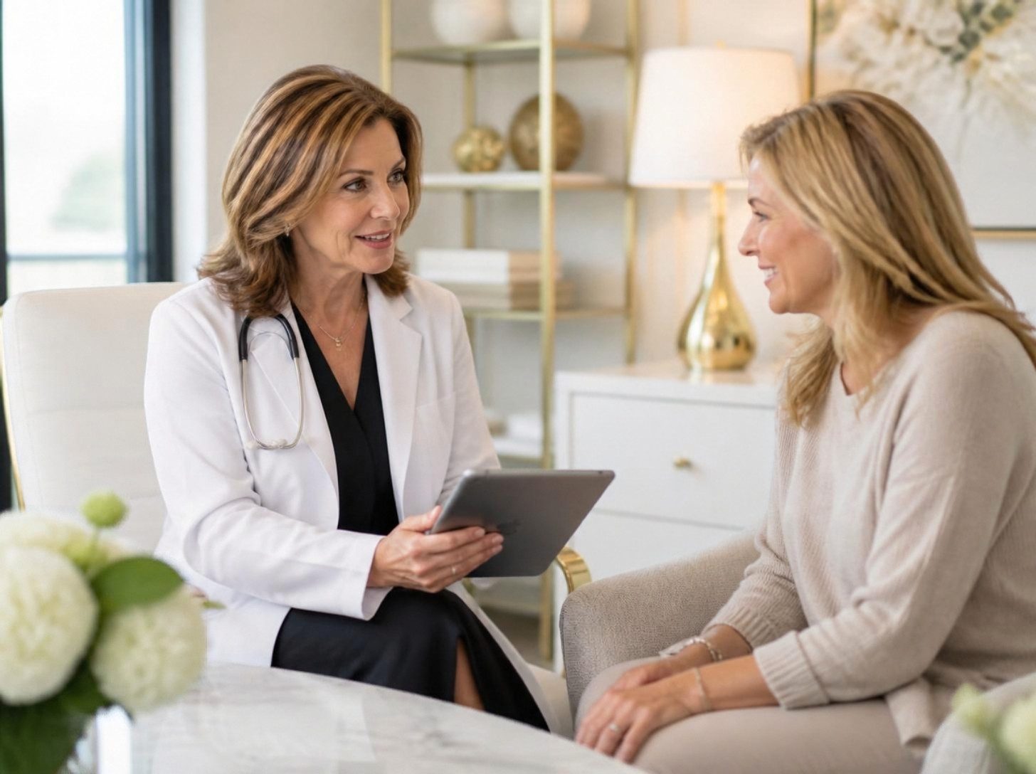 Physician reviewing lab results with a patient during a hormone therapy consultation