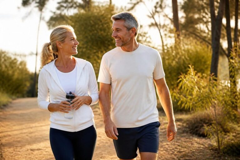 Active couple in their 50s walking a park trail, enjoying the energy that balanced hormones can support