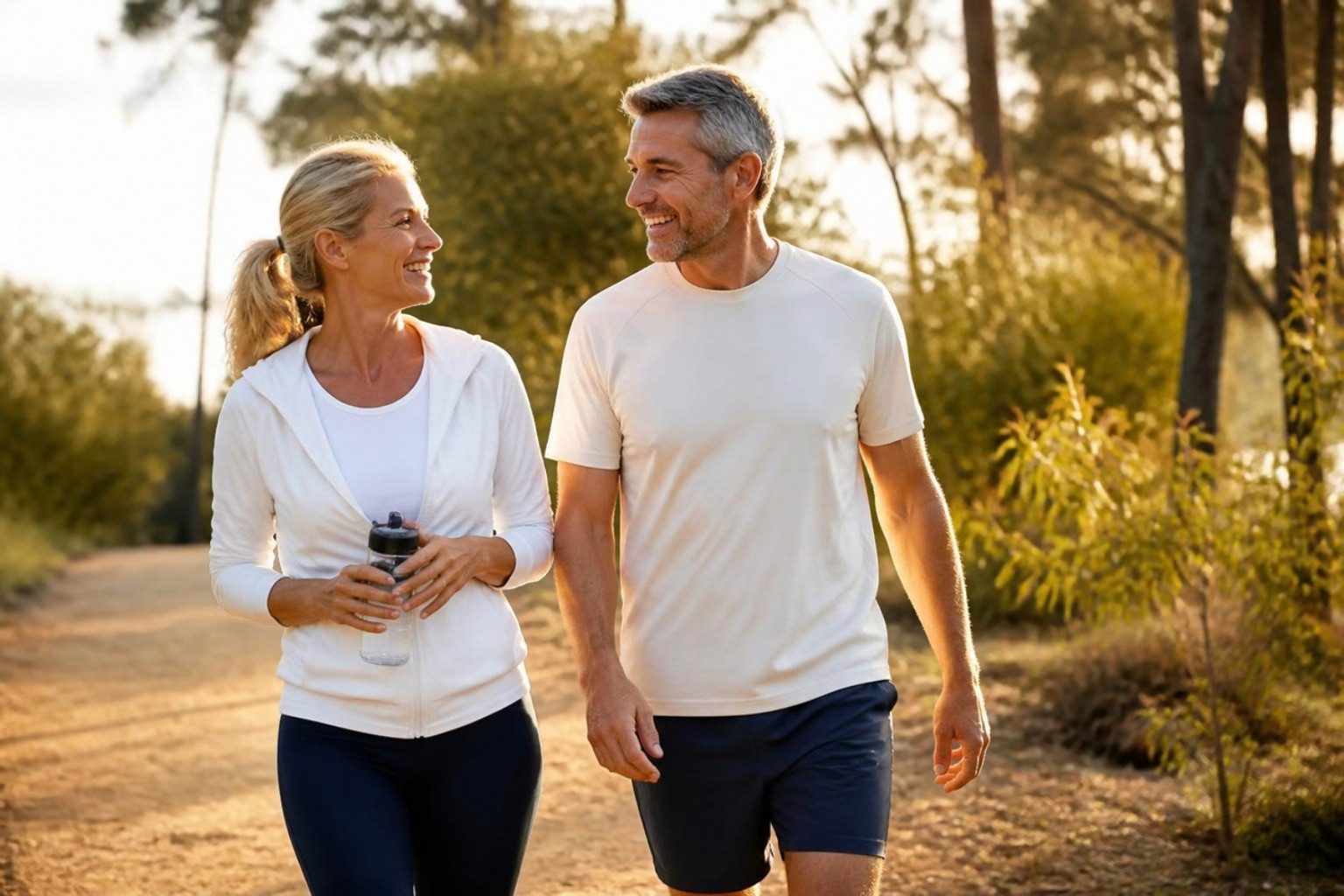 Active couple in their 50s walking a park trail, enjoying the energy that balanced hormones can support