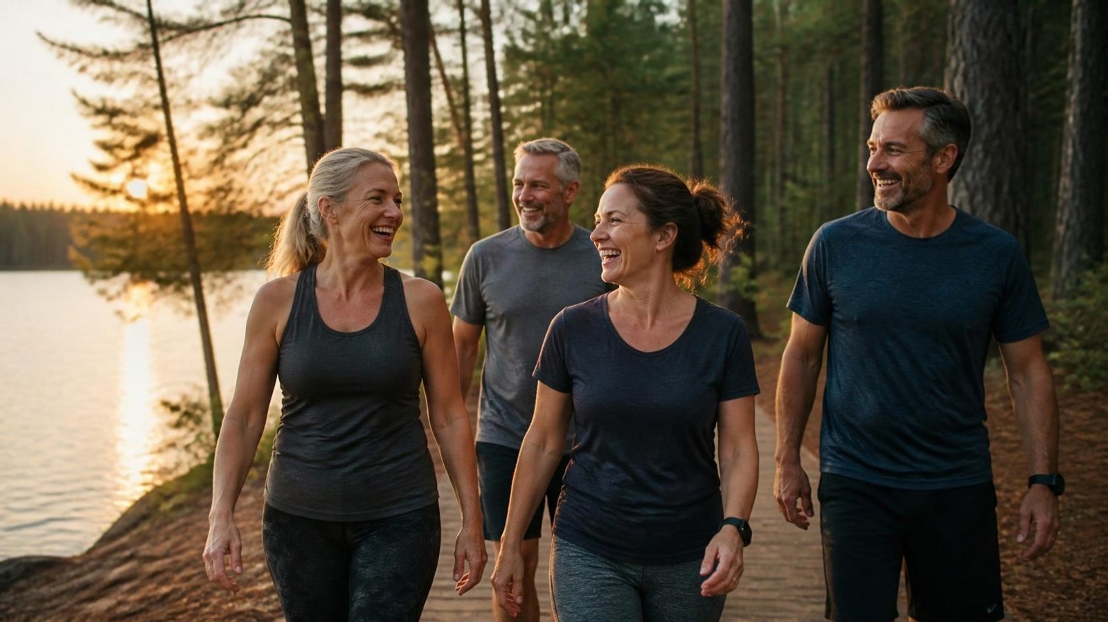 Group of active adults walking along a lakeside trail among pine trees at sunset