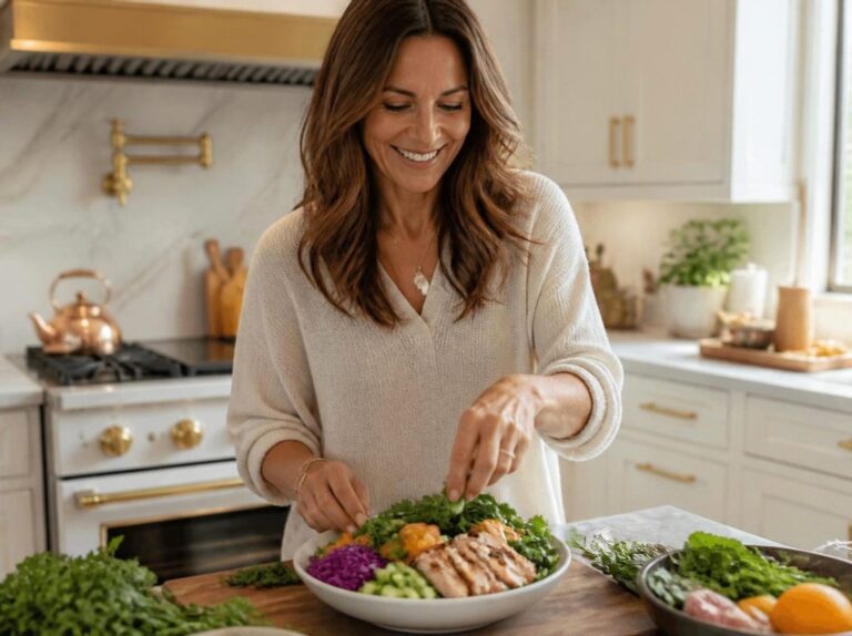 Woman preparing a high-protein meal with vegetables as part of a medical weight loss plan