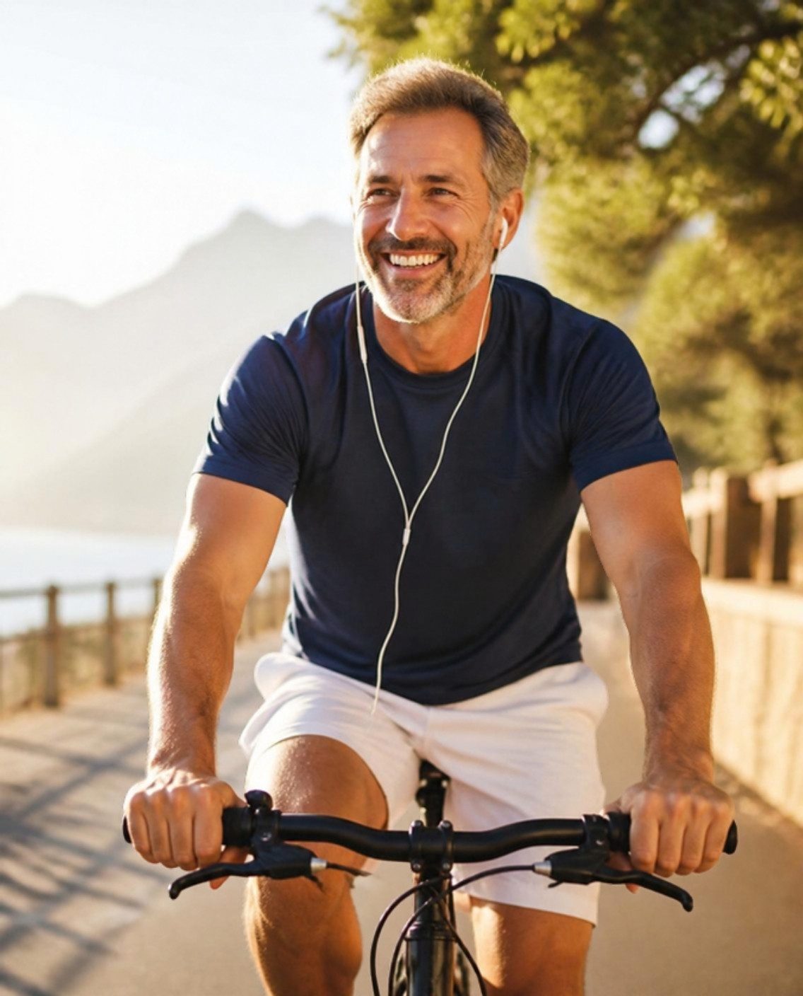 Fit man in his 50s smiling while cycling on a sunny morning